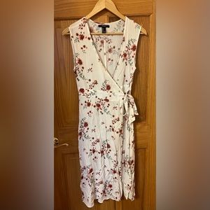 Forever 21 white with pink floral wrap midi dress. Size small